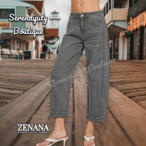 Zenana Ash Black Charcoal Denim Barrel Legs Tapered Fit Rugged Jeans